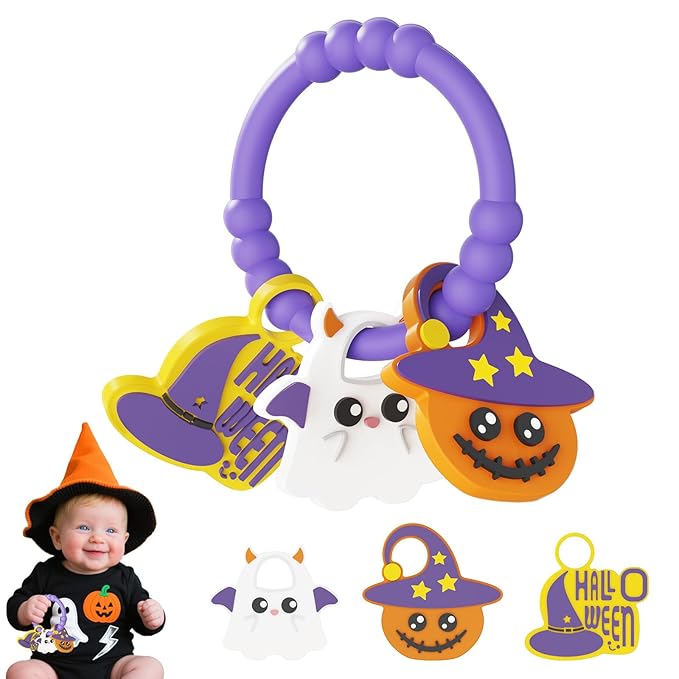 Halloween Baby Teething Bracelet with 3pcs Teether-Soft Pumpkin, Ghost&Witch Hat Textured Silicone Teether for 0-12months, Baby Sensory Chew Teething,Sensory Chew Bracelet for Baby’s First Halloween