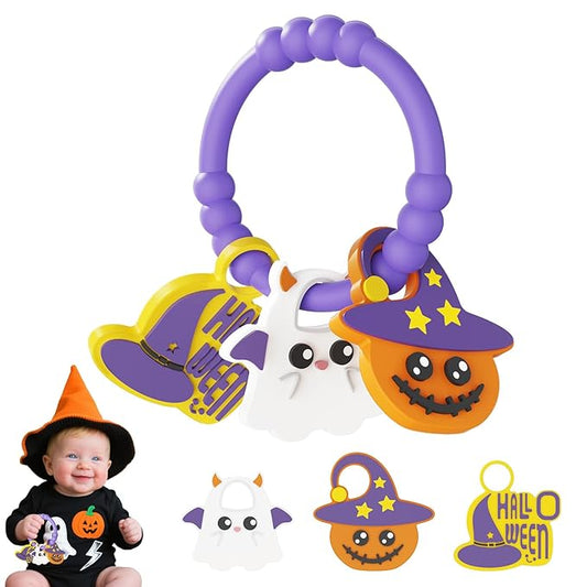 Halloween Baby Teething Bracelet with 3pcs Teether-Soft Pumpkin, Ghost&Witch Hat Textured Silicone Teether for 0-12months, Baby Sensory Chew Teething,Sensory Chew Bracelet for Baby’s First Halloween
