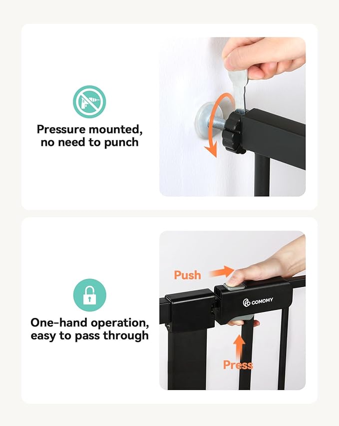 COMOMY 42" Extra Tall Baby Gate for Stairs Doorways, Fits Openings 29.5" to 40.6" Wide, Auto Close Sturdy Safety Dog Gate for House, Pressure Mounted Easy Walk Through Pet Gate with Door, Black