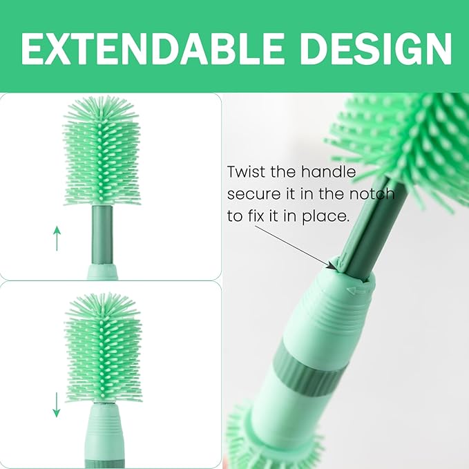 Travel Bottle Brush, 6-in-1 Portable Travel Bottle Cleaner Kit with Small Bottle Brush Built in Drying Rack, Nipple Brush, Straw Brush, Soap Dispenser, for Baby Bottles Under 8 OZ, BPA-Free(Green)