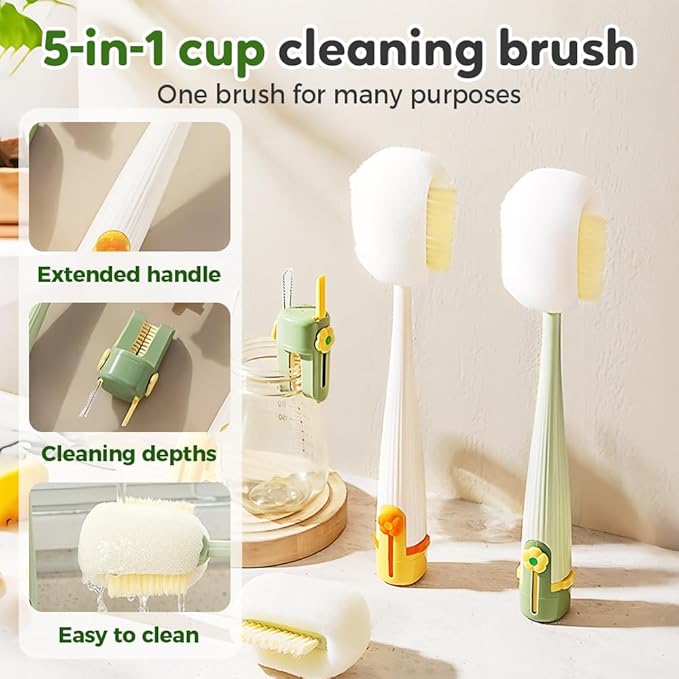 5 in 1 Bottle Cleaning Brush, Multifunctional Water Bottles Cleaner Brushs Portable Bottle and Lid Cleaning Brush Tool, Straw Cleaner Brushs for Baby Bottles Tumblers Glass Cups (1, White)