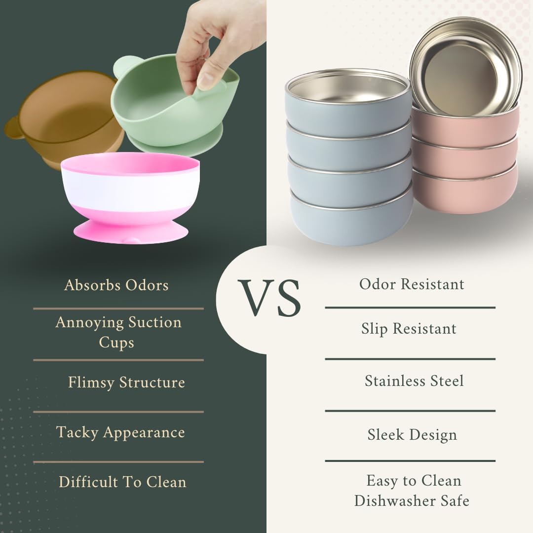Monkey Proof™ Non-Toxic Stainless Steel Child Bowl 5” with Non-Slip Silicone Shell, (Set of 4 bowls) Unbreakable, Mess Free Feeding for Babies, Toddlers, Kids, BPA free (Rose)