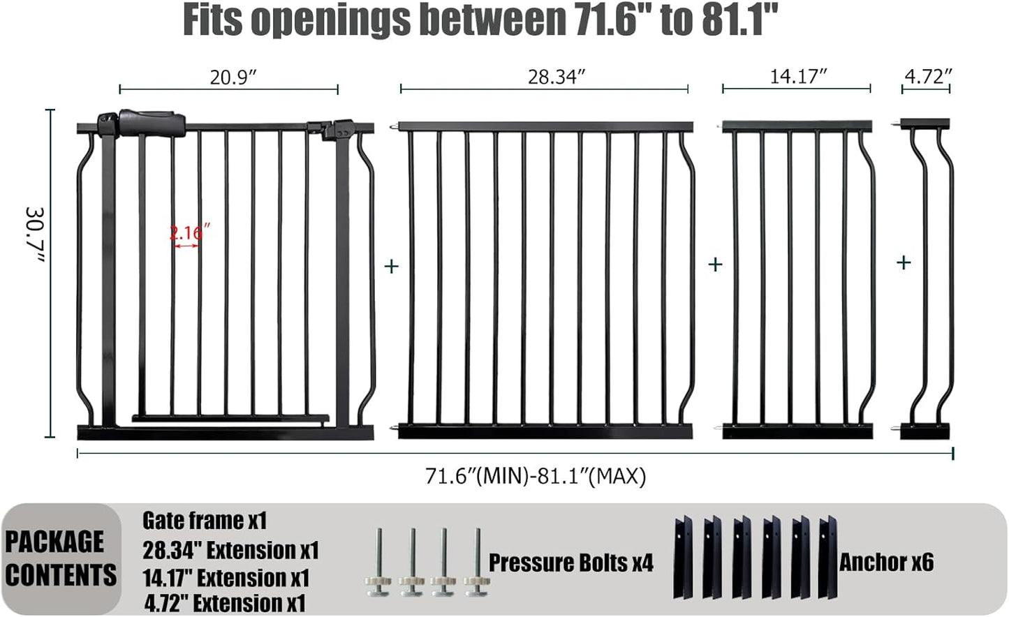 Heavy Duty Baby & Pet Safety Gate - Extra Wide 76.4-81.1 Inch, Black Metal, Pressure Mounted, Walk-Through