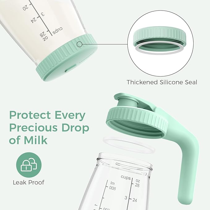 Momcozy Glass Breast Milk Pitcher, Milk Storage Container with Flat Lid & Handle Lid, Wide Mouth Leak-Resistant, Baby Formula Pitcher, Heat & Cold Resistant, 2 PCS, 32OZ Each (64OZ Total)