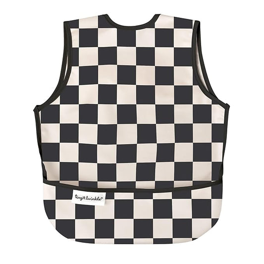 Twinkle Short Sleeve Apron Baby & Toddler Bib – Waterproof, Mess-Proof Bibs for Eating & Feeding, Machine Washable, Perfect Holiday Gift (Black Checkers, 2-4Y)
