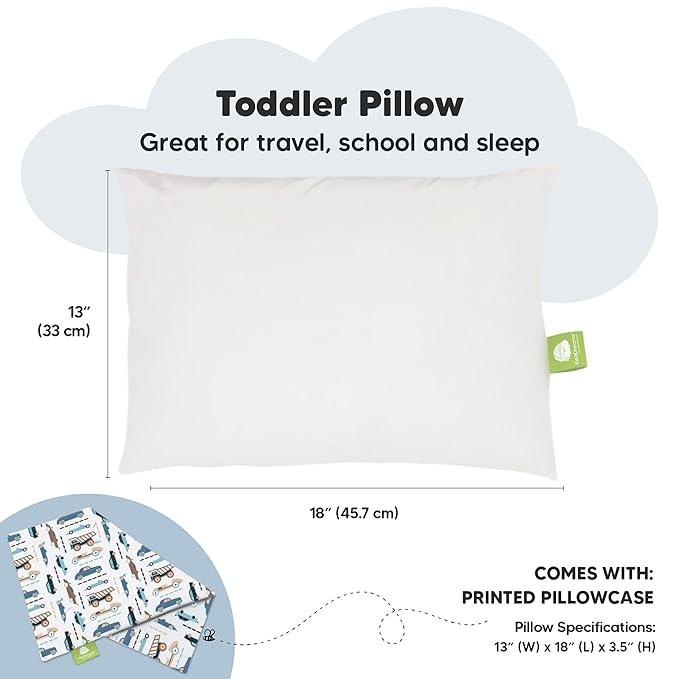 Toddler Pillow with Pillowcase - 13x18 My Little Dreamy Kids Travel Bed Pillows for Sleeping, Organic Cotton Small Pillowcase, Soft & Breathable, Machine Washable, Toddlers 2-5 Years Old (Vroom)