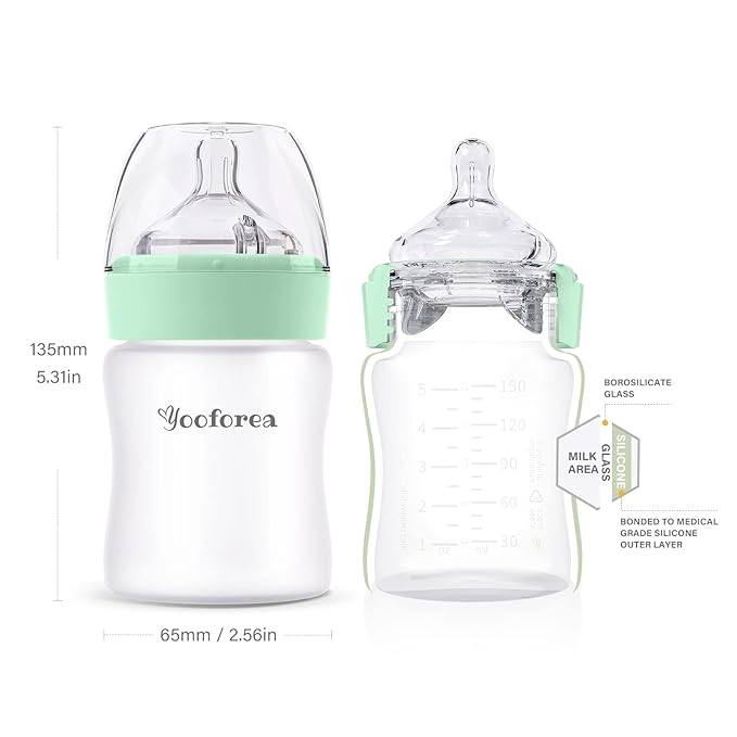 Yooforea Silicone Coated Glass Baby Bottle, 2M+ Medium Flow Nipple I Anti-Colic, Wide Neck, Stable Base I Medical-Grade Silicone Coating for Shatter Protection, BPA BPS PVC Free (2 Pack, 5 Ounce-Tea)
