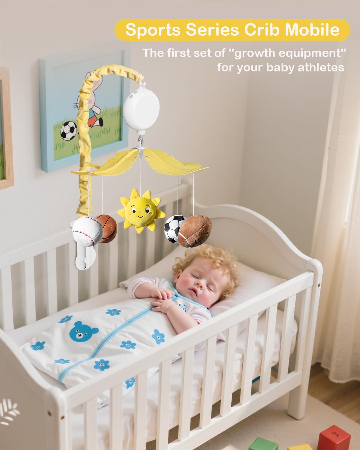 FEISIKE Baby Crib Mobile with 35 Lullabies, 3 Modes Rotation & Music, Soother Toy Adjustable Volume, Sport-Themed Nursery Decor Musical Mobile for Crib or Bassinet