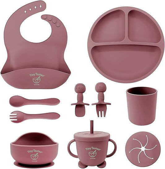 10-Piece Silicone Baby Feeding Set – BPA-Free, Spill-Proof Suction Plate, Bowl, Bib, Snack Cup & Utensils | Dishwasher Safe, Baby Gift Ready (Dark Pink)