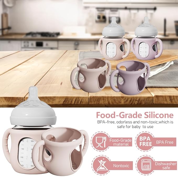 4 Pack Silicone Sleeves for Avent Natural Glass Bottles, Anti Breakage Bottle Holder with Handle, Compatible Philips Avent Glass Natural Bottle 4 oz, Not for Infant Use