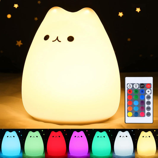 ZKLiLi Cat Night Light, Cute Nursery Lights USB Rechargeable Cat Lamp Nightlight Birthday Christmas Gift with Warm White and 7-Color Breathing Modes for Kids Baby Children (Remote Control)
