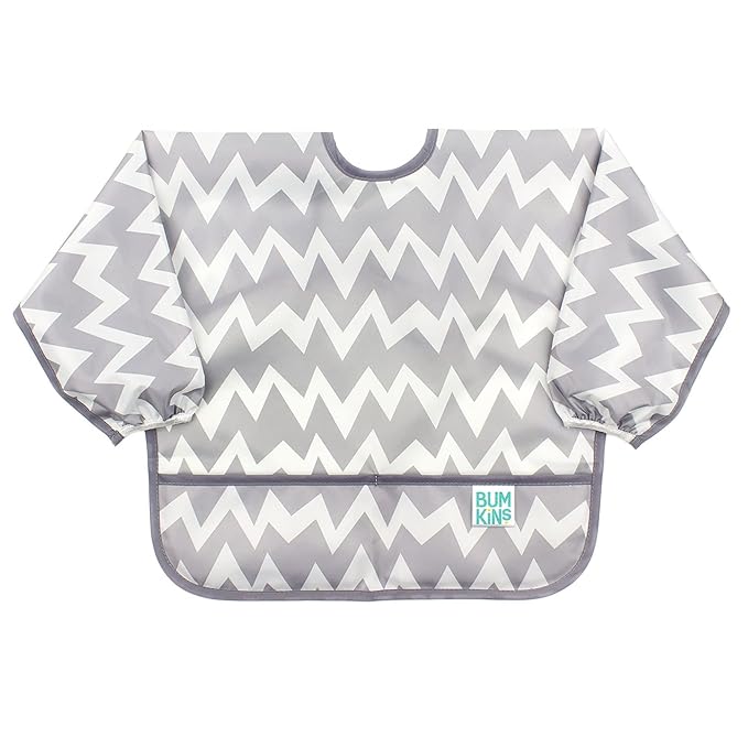 Bumkins Sleeved Bib for Girl or Boy, Baby and Toddler for 6-24 Mos, Essential Must Have for Eating, Feeding, Baby Led Weaning Supplies, Long Sleeve Mess Saving Food Catcher, Soft Fabric, Gray Chevron