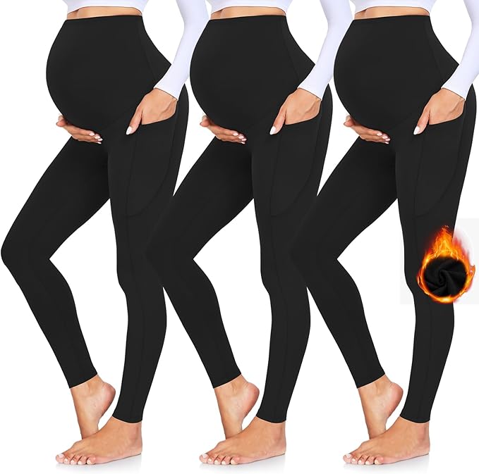 GROTEEN 3 Pack Women's Maternity Leggings with Pockets Over The Belly Workout Yoga Pregnancy Pants