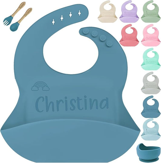 SRdrew Personalized Silicone Bibs Set Custom Engraved Name Icon Toddler Bib Durable Adjustable for Boy Girl