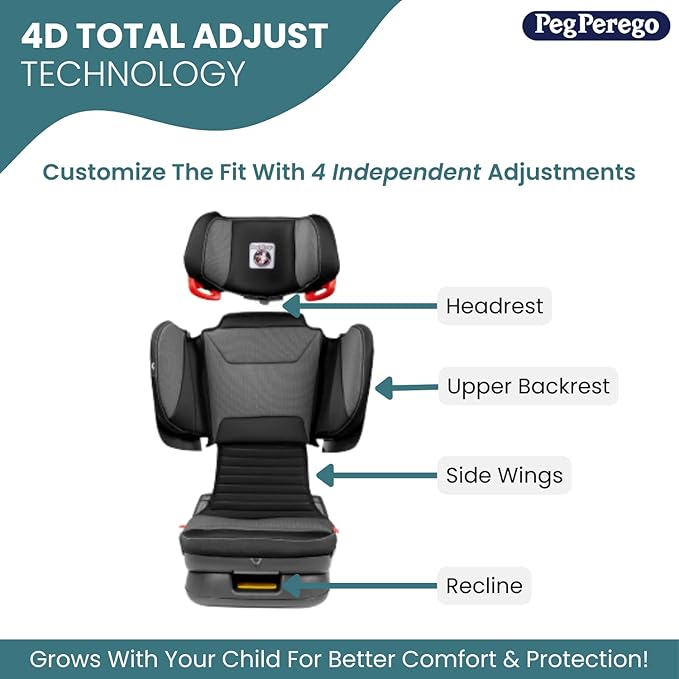 Peg Perego Viaggio Flex 120 Booster, 4D Total Adjust for Safety & Comfort, No Armrests, Compact Fold for Travel, 40-120 lbs, Made in Italy, Crystal Black (Black)