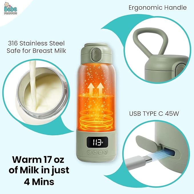 Portable Bottle Warmer for Travel 17oz, 45W Fast Charge, Long Battery Life, 316 Stainless Steel, LED Display, Fast Heating, Precise Temp Control, Safety Lock Cordless, Perfect for Indoor & Outdoor Use