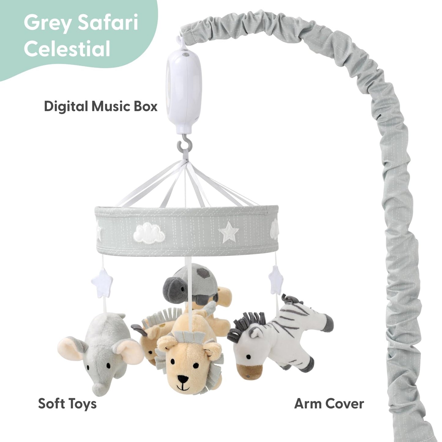 The Peanutshell Crib Mobile for Boys or Girls - Grey Musical Baby Crib Mobile with 12 Lullabies, Lion, Elephant, Zebra, Safari Plush Toys Hanging, Infant Baby Mobile Crib, Safari Nursery Decor