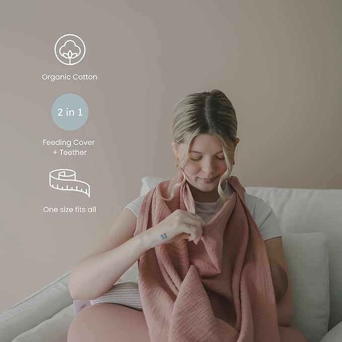 snuggle me® Nursing Cover - 100% Organic Cotton Muslin Nursing Cover Up for Breastfeeding with a BPA-Free Silicone Teether Ring, Ultra-Soft & Lightweight (33.5″ × 39.4″)