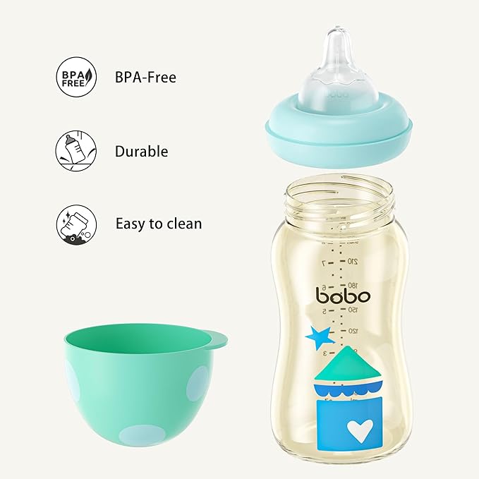 YOHKOH PPSU Baby Bottle Wide Neck, Newborn Anti-Colic Baby Bottle with Natural Response Nipple, Streamlined Body, Easy to Clean (8.8oz (Pack of 2), Blue)