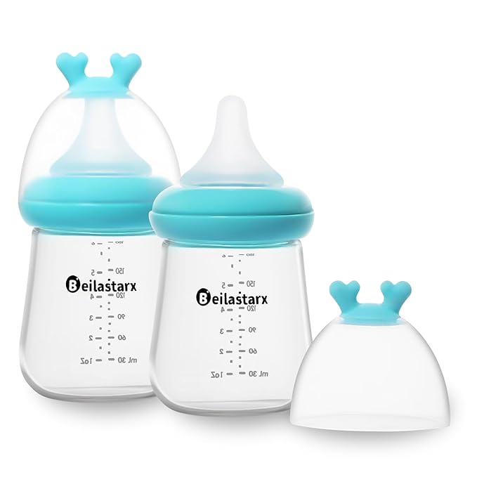 Glass Baby Bottles with Natural Response Nipple Size S - Anti Colic Baby Bottles Wide Neck Slow Flow Baby Bottle (Blue, 6oz (Pack of 2))