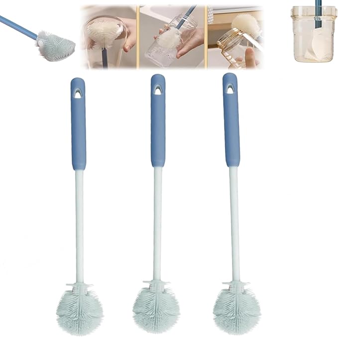 3Pcs 360° Flexible Silicone Bottle Brush with Long Handle Multifunction Flexible, Deep Cleaning for Narrow Neck Bottles, Baby Bottles, Water Bottles (Bule)