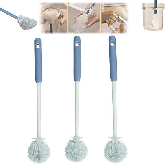 3Pcs 360° Flexible Silicone Bottle Brush with Long Handle Multifunction Flexible, Deep Cleaning for Narrow Neck Bottles, Baby Bottles, Water Bottles (Bule)