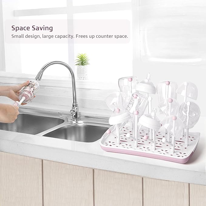 Termichy Baby Bottle Drying Rack, Large Capacity Baby Bottle Rack for Bottles, Dry Rack with Removable Water Tray(Pink)