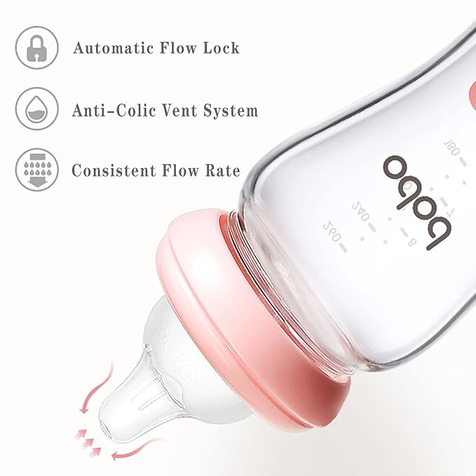 YOHKOH Natural Glass Baby Bottle with Natural Response Nipple, Newborn Anti-Colic Baby Bottles, Wide Neck Mushroom Cap Baby Bottle, Clear (3.4oz (Pack of 4), Red)