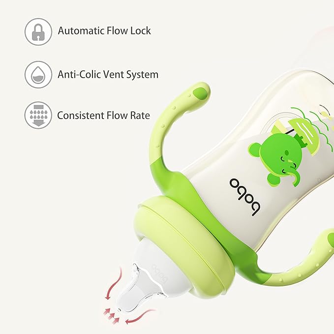 YOHKOH Natural PPSU Baby Bottle with Natural Response Nipple, Newborn Anti-Colic Baby Bottles with Handle, Wide Neck Mushroom Cap Baby Bottle (8.8oz (Pack of 2), Green)