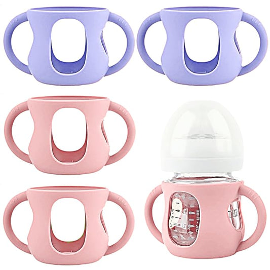 4 Pack Silicone Sleeves for Avent Natural Glass Baby Bottles, Silicone and Easy-Grip Handles for Drop Protection, Compatible with Philips Avent 4/8 OZ Glass Bottle (2 Pink+2 Purple, 4 OZ)