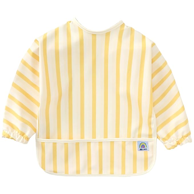 ARI MES Long Sleeves Waterproof Baby Bibs for Eating - Yellow Stripes, Small - Wearable, Coverall for Toddler, Long Sleeve Bib, Smock Apron for Feeding - Applicable for 6-72 Months