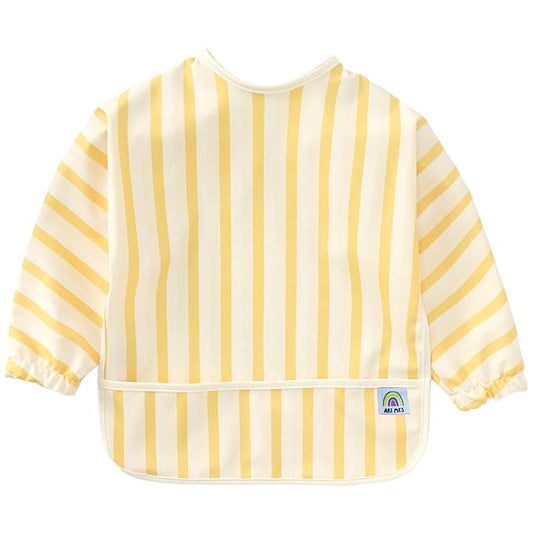 ARI MES Long Sleeves Waterproof Baby Bibs for Eating - Yellow Stripes, Small - Wearable, Coverall for Toddler, Long Sleeve Bib, Smock Apron for Feeding - Applicable for 6-72 Months
