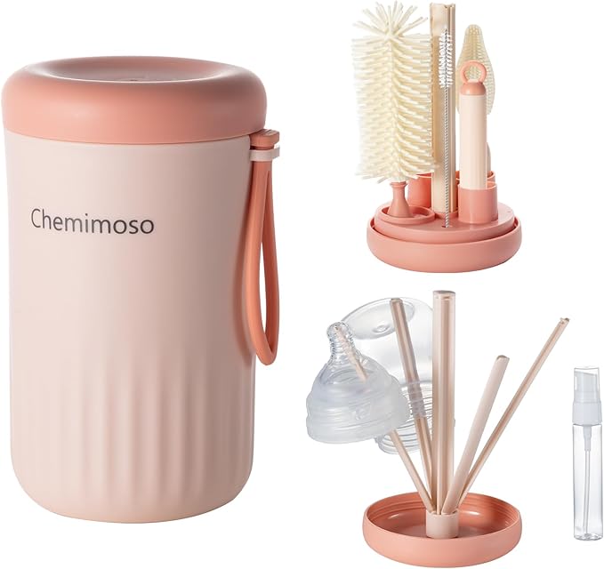 Chemimoso Travel Silicone Baby Bottle Cleaner Brush Set, Foldable Baby Bottle Drying Rack, Essential Cleaning Set for Outdoor Travel, Pink