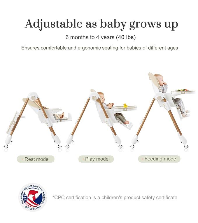 Mallify Foldable High Chairs for Babies and Toddlers, 3-in-1 Convertible Baby High Chair with Removable Soft Cushion and Tray, Adjustable Height & Recline, Lockable Wheels, Cream