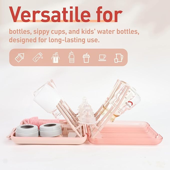 Baby Bottle Brush Set, 6-in-1 Travel Bottle Cleaning Kit with Silicone Bottle Brush, Nipple & Straw Brush, Soap Dispenser, Drying Rack, Storage Box – Compact Travel Baby Essential for Home & On-The-Go