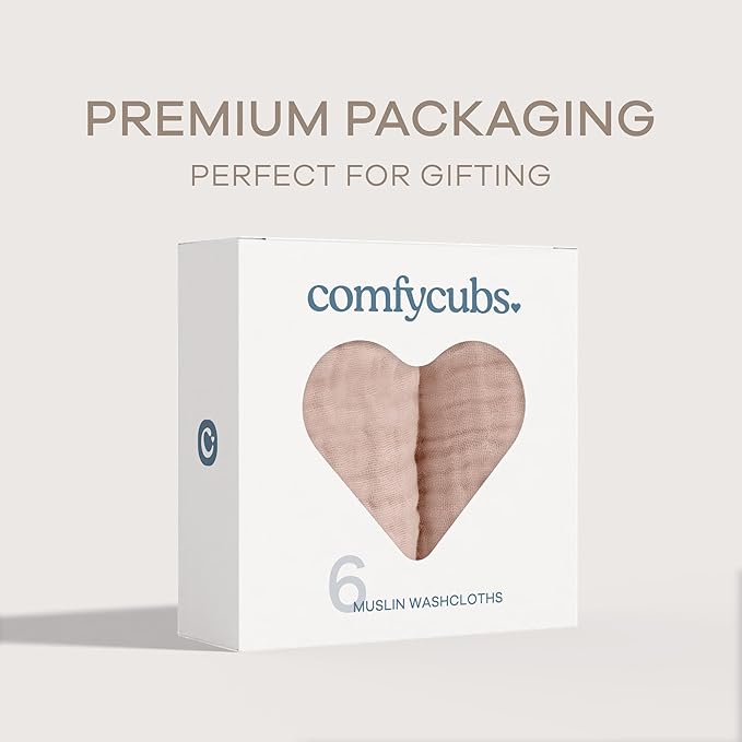 Comfy Cubs Muslin Baby Washcloths 6 Pack - Soft 6-Layer Cotton Wash Cloths for Sensitive Skin - 10"x10" Large, Gentle, Absorbent Infant Essentials for Newborn and Toddlers - Blush