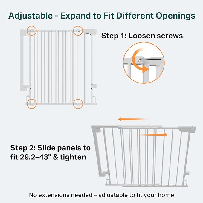 Cumbor 29.2–43" Baby Gate for Stairs, Wall-Mounted (Drill Required), Expandable No Bottom Bar Dog Gate, Auto Close Extra Wide Walk Thru, Pet & Toddler Proof Gate, Top & Bottom of Stairways (White)