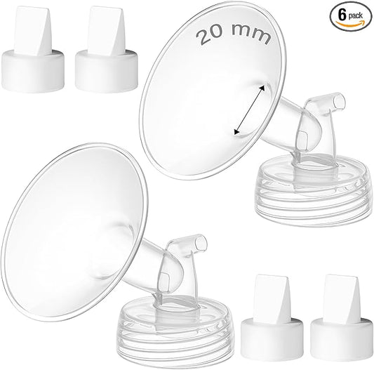 6PCS 20mm Breast Pump Flanges, Duckbill Valves Compatible with Spectra S1/S2/9Plus/Synergy Gold, Motif Luna, Wide-Mouth Bottle Fit, Breast Pump Accessories