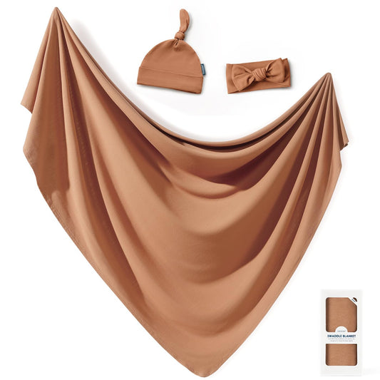 GRSSDER Newborn Swaddle Blanket, Ultra Soft Jersey Receiving Blanket with Matching Headband and Beanie Set, Stretchy Baby Swaddle 47×47", Extra Large Nursery Swaddles Wrap for Girls and Boys