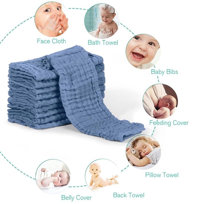 Yoofoss Muslin Burp Cloths for Baby 10 Pack 100% Cotton Baby Washcloths for Boys Girls Large 20''X10'' Super Soft and Absorbent Dark Blue