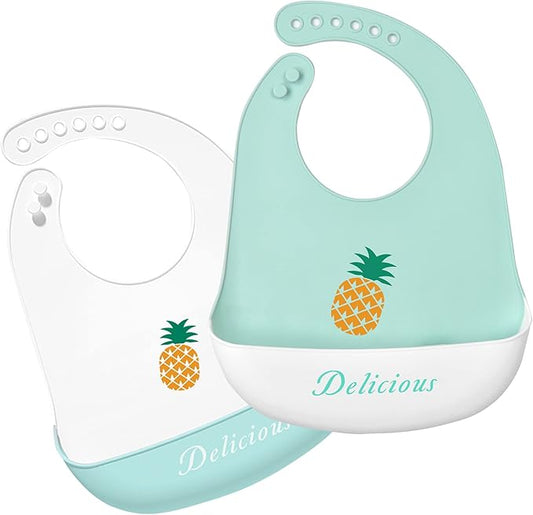 Silicone Bibs for Babies and Toddlers 2 Sets Feeding Bibs for Boy and Girl, Adjustable Soft Waterproof Bibs