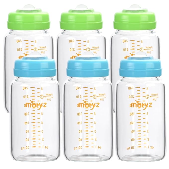 Matyz Glass Breastmilk Storage Bottles, 6 Pack, 8 oz, Compatible with Spectra Medela Pump - Store, Freeze, Warm Up Milk Well - Large Breastmilk Storage Containers - No BPA (3 Green & 3 Blue Lids)