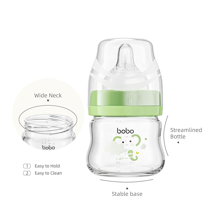 YOHKOH Glass Baby Bottles with Slow Flow Nipple, Newborn Anti-Colic Baby Bottles for 0+ Months, Wide Neck Feeding Bottle, Clear (Green, 2.7oz (Pack of 2))