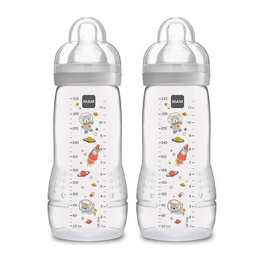 MAM Easy Active Baby Bottles 11oz, Fast Flow Skinsoft Silicone Nipple with Wide Neck Ergonomic Design, Easy to Hold, BPA-Free, Bottles with Leak-Proof Caps for 4+ Months Baby