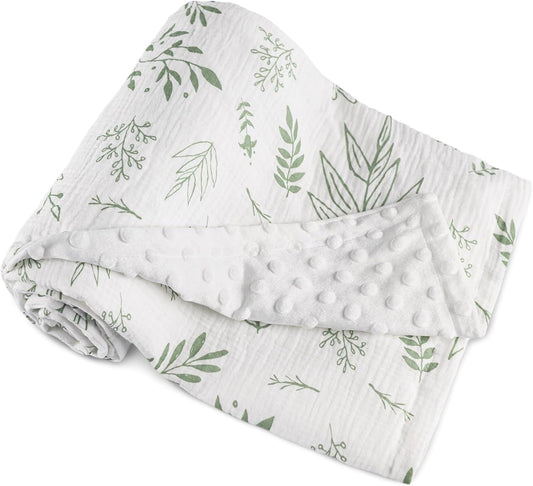 GLLQUEN BABY Blankets for Unisex Boys Girls, Muslin Cotton Front Soft and Breathable, and Dotted Fleece Backing, Printed Bed Nursery Minky Blankets for Toddler Newborn, Greenery, 30 x 40 inches