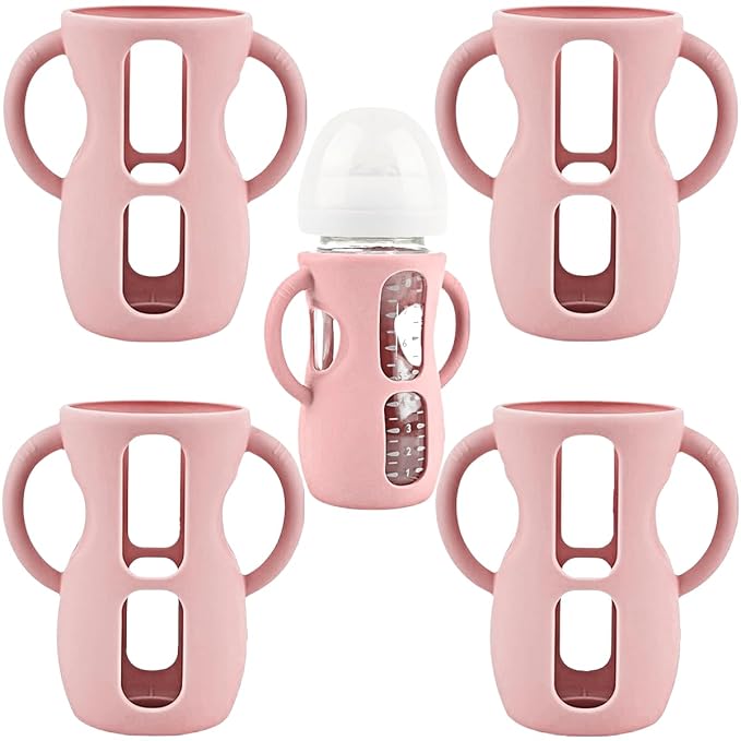 4 Pack Silicone Sleeves for Avent Natural Glass Baby Bottles, Silicone and Easy-Grip Handles for Drop Protection, Compatible with Philips Avent 4/8 OZ Glass Bottle (Cute Pink, 8 OZ)