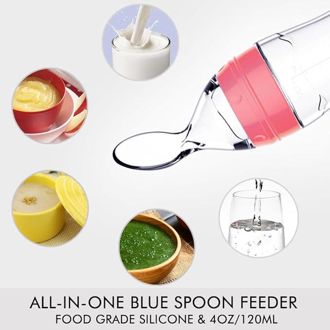 Matyz Silicone Baby Food Dispensing Spoon (Pink, 4oz / 120ml) Squeeze Feeder with Spoon - Spoon Bottle for Baby - Baby Spoon Feeder Bottle Baby Solid Food Feeder - Ideal for 4 Months+ Babies