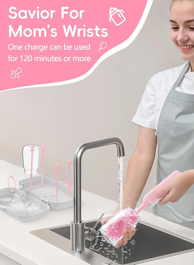 Electric Baby Bottle Brush Cleaner, Baby Travel Bottle Cleaner Kit- 2000mAh Rechargeable Silicone Brush, Drying Rack, Compact Storage Box, 360° Efficient Cleaning Bottle Brush for Home & On-The-Go