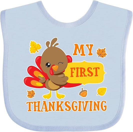 inktastic My First Thanksgiving with Turkey and Leaves Baby Bib
