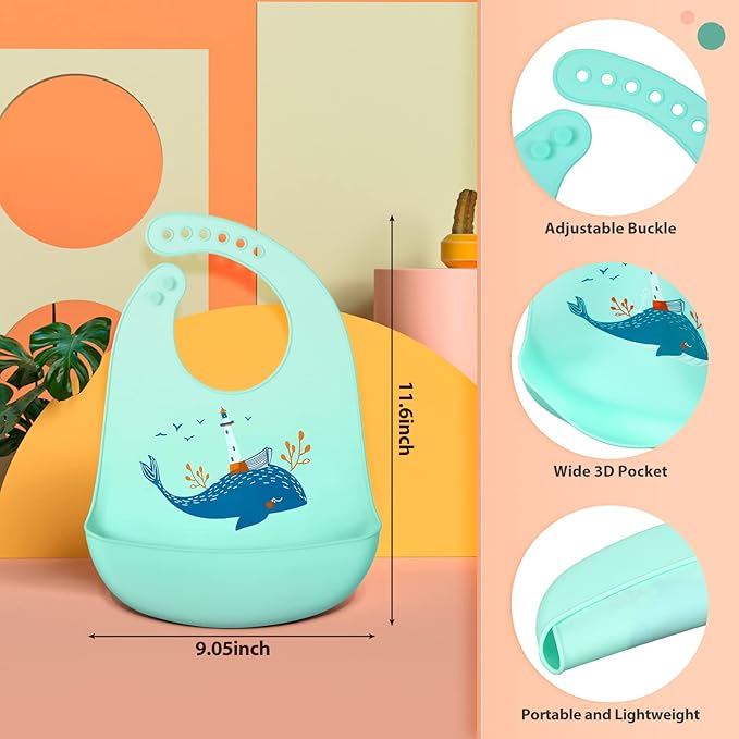 Zhanmai 3 Pack Silicone Bibs for Babies with Spoon Fork Adjustable Waterproof Rubber Feeding Bibs for Toddlers Boys Girls Kids Gifts(Vivid Style)